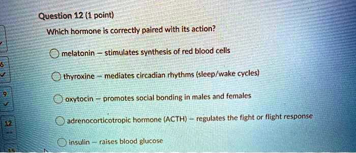 Which hormone is correctly paired with its action?
melatonin — stimulates synthesis of red blood cells
thyroxine — mediates circadian rhythms (sleep/wake cycles)
oxytocin — promotes social bonding in males and females
adrenocorticotropic hormone (ACTH) — regulates the fight or flight response
insulin — raises blood glucose