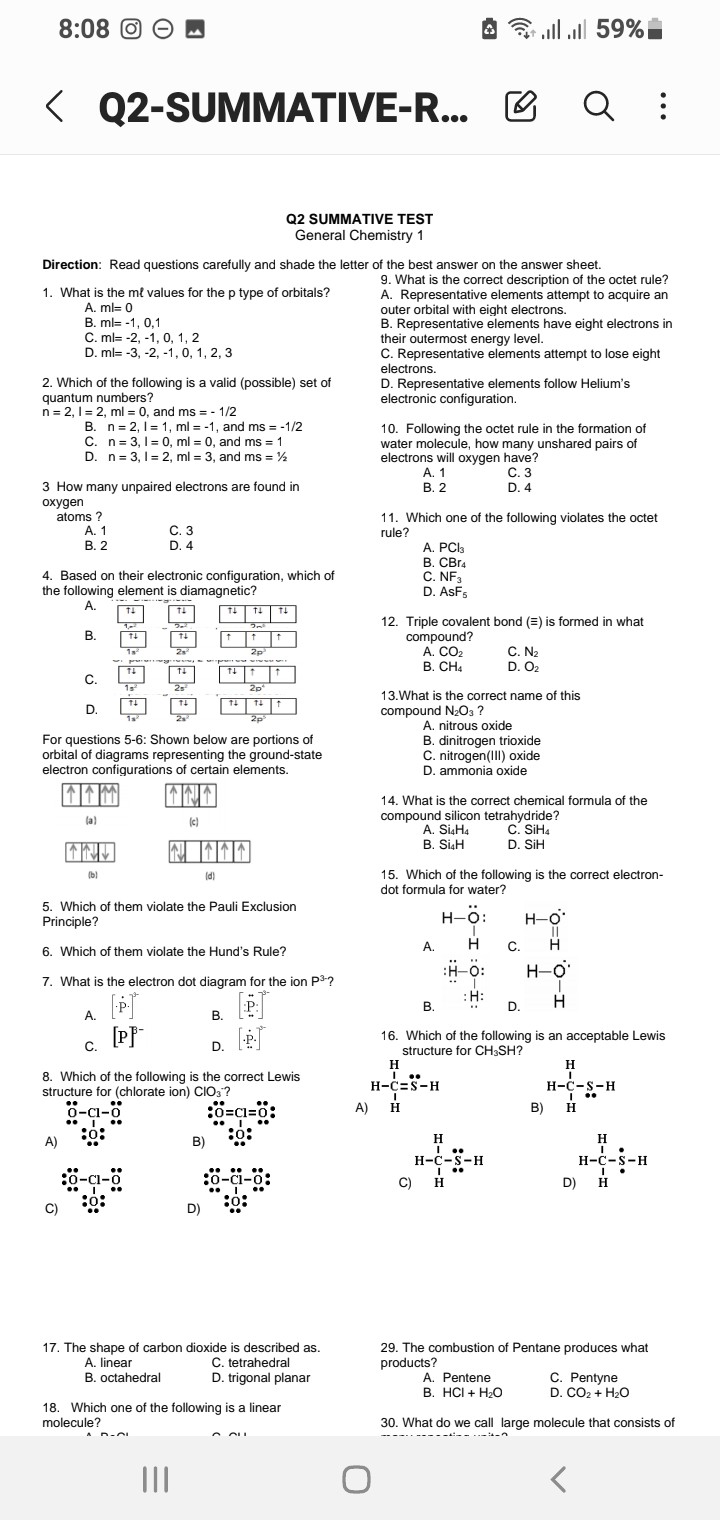 SOLVED 808 Q2SUMMATIVER... Q2 SUMMATIVE TEST General Chemistry 1