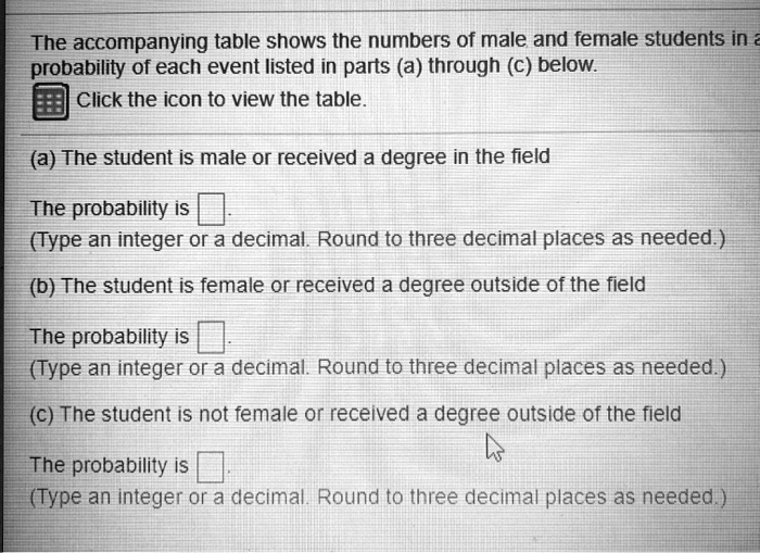 The accompanying table shows the numbers of male and female students in a probability of each event listed in parts (a) through (c) below.
Click the icon to view the table.
(a) The student is male or received a degree in the field
The probability is [ ].
(Type an integer or a decimal. Round to three decimal places as needed.)
(b) The student is female or received a degree outside of the field
The probability is [ ].
(Type an integer or a decimal. Round to three decimal places as needed.)
(c) The student is not female or received a degree outside of the field
The probability is [ ].
(Type an integer or a decimal. Round to three decimal places as needed.)