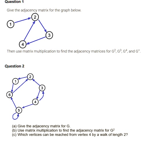 SOLVED: Give the adjacency matrix for the graph below. Then use matrix ...