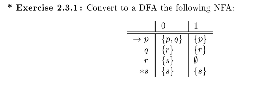 Convert to a DFA the following NFA:

0 | 1
? p | p, q | p
q | r | r
r | s | ?
*s | s | s