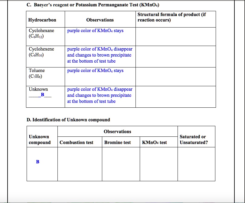 SOLVED: Baeyer's reagent or Potassium Permanganate Test (KMnO4 ...