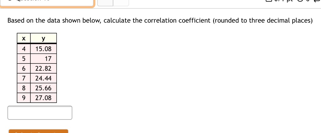 Based on the data shown below, calculate the correlation coefficient (rounded to three decimal places)

x y
4 15.08
5 17
6 22.82
7 24.44
8 25.66
9 27.08