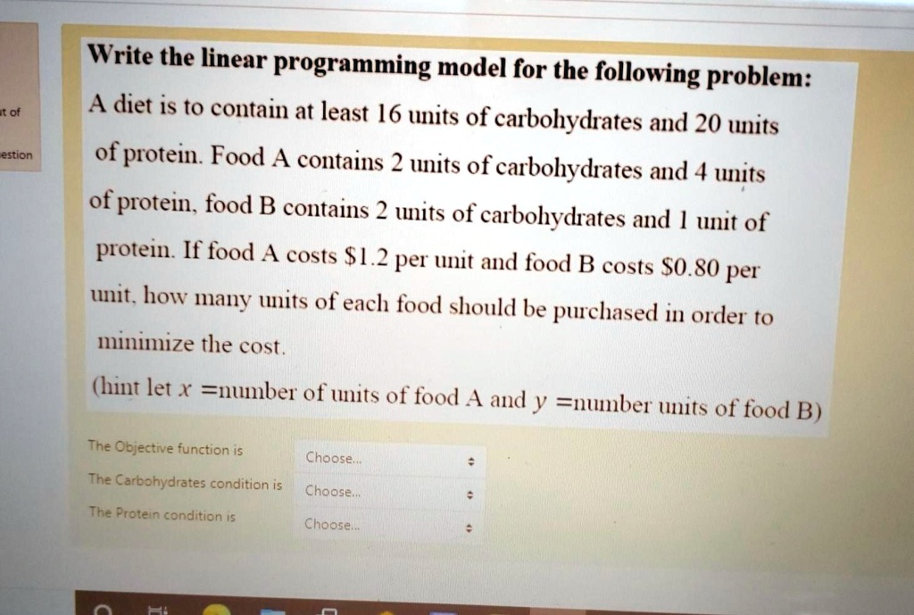 SOLVED: Write the linear programming model for the following problem ...