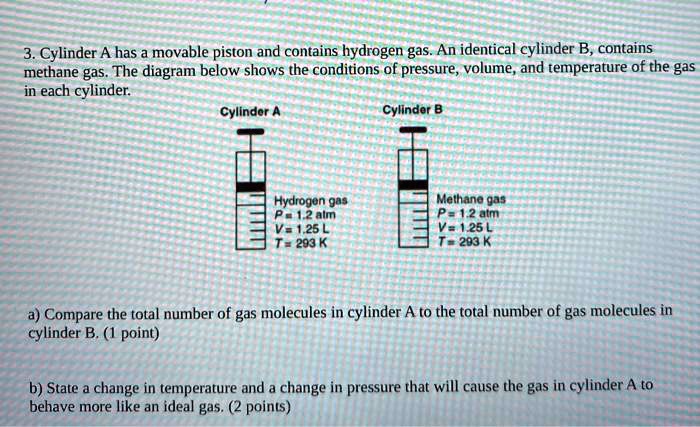 3. Cylinder A has a movable piston and contains hydrogen gas. An identical cylinder B, contains
methane gas. The diagram below shows the conditions of pressure, volume, and temperature of the gas
in each cylinder.
Cylinder A
Hydrogen gas
P = 1.2 atm
V = 1.25 L
T = 293 K
Cylinder B
Methane gas
P = 1.2 atm
V = 1.25 L
T = 293 K
a) Compare the total number of gas molecules in cylinder A to the total number of gas molecules in
cylinder B. (1 point)
b) State a change in temperature and a change in pressure that will cause the gas in cylinder A to
behave more like an ideal gas. (2 points)