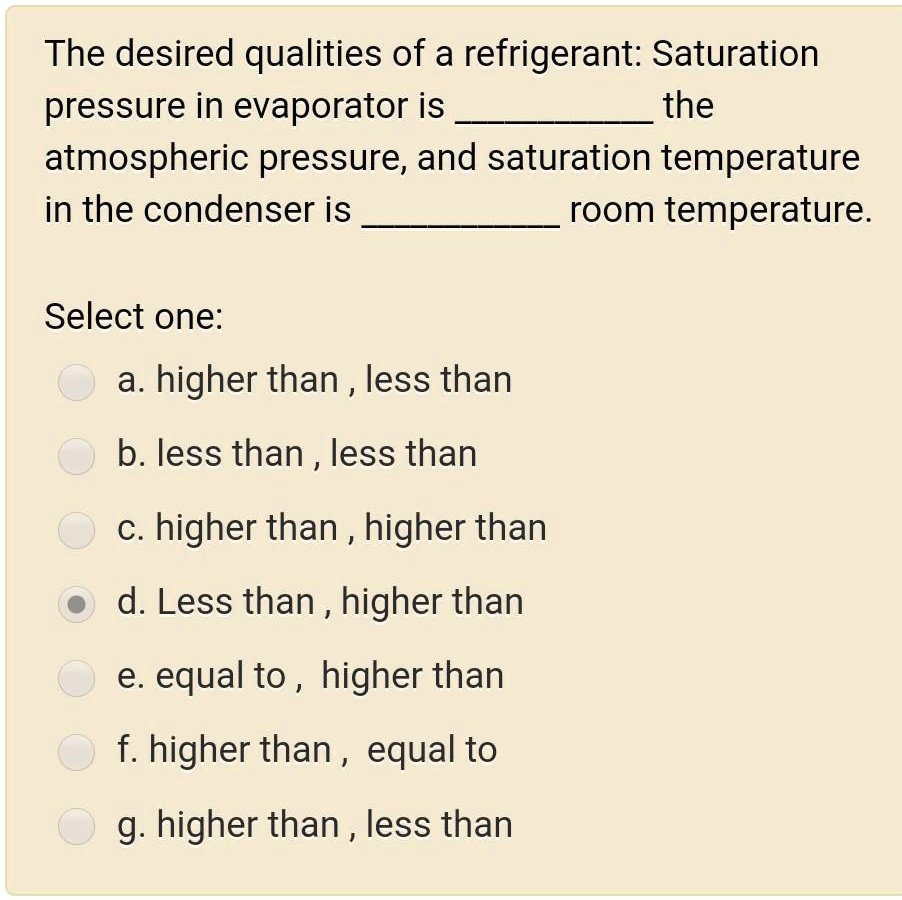 SOLVED The desired qualities of a refrigerant Saturation pressure in