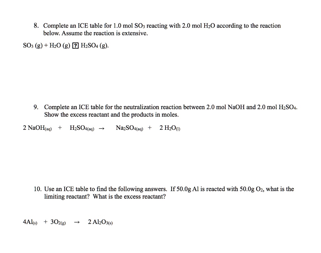 SOLVED 8. Complete an ICE table for 1.0 mol SO3 reacting with 2.0 mol