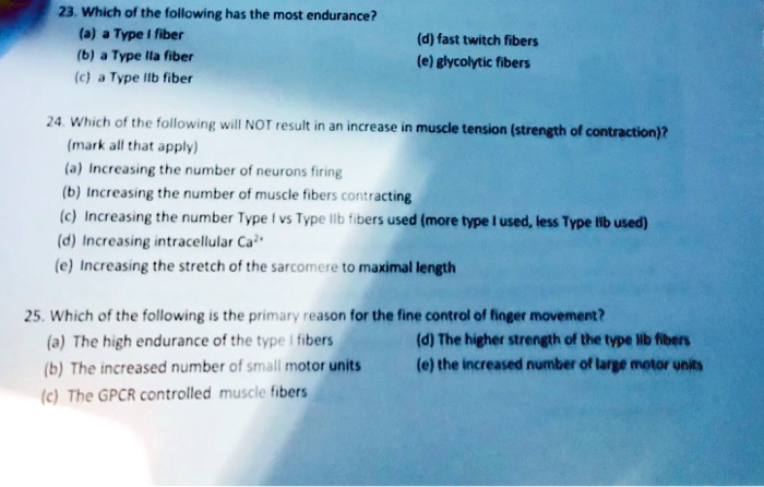 23. Which of the following has the most endurance?
(a) a Type I fiber
(b) a Type IIa fiber
(c) a Type IIb fiber
(d) fast twitch fibers
(e) glycolytic fibers
24. Which of the following will NOT result in an increase in muscle tension (strength of contraction)?
(mark all that apply)
(a) Increasing the number of neurons firing
(b) Increasing the number of muscle fibers contracting
(c) Increasing the number Type I vs Type IIb fibers used (more type I used, less Type IIb used)
(d) Increasing intracellular Ca^2+ 
(e) Increasing the stretch of the sarcomere to maximal length
25. Which of the following is the primary reason for the fine control of finger movement?
(a) The high endurance of the type I fibers
(b) The increased number of small motor units
(c) The GPCR controlled muscle fibers
(d) The higher strength of the type IIb fibers
(e) the increased number of large motor units