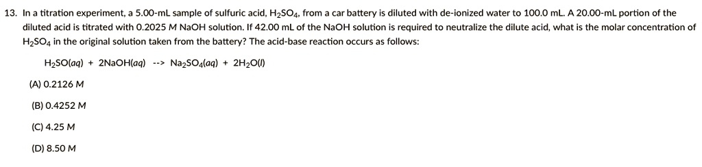 Solved:in A Titration Experiment; 5.00-ml Sample Of Sulfuric Acid 