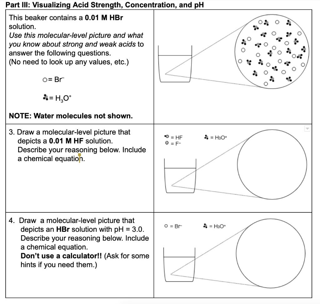 Solved Part Il Visualizing Acid Strengthconcentrationand Ph This Beaker Contains A 0 01 M Hbr Solution Use This Molecular Level Picture And What You Know About Strong And Weak Acids To Answer The Following Questions No