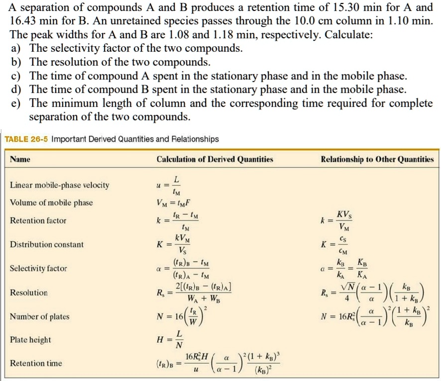 SOLVED Separation of compounds A and B produces a retention time of 15.30 min for A and 16.43