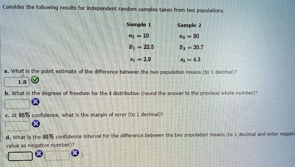 Consider the following results for independent random samples taken from two populations.

Sample 1
n1 = 10
x1 = 22.5
s1 = 2.9

Sample 2
n2 = 30
x2 = 20.7
s2 = 4.3

a. What is the point estimate of the difference between the two population means (to 1 decimal)?
1.8

b. What is the degrees of freedom for the t distribution (round the answer to the previous whole number)?

c. At 95% confidence, what is the margin of error (to 1 decimal)?

d. What is the 95% confidence interval for the difference between the two population means (to 1 decimal and enter negative value as negative number)?