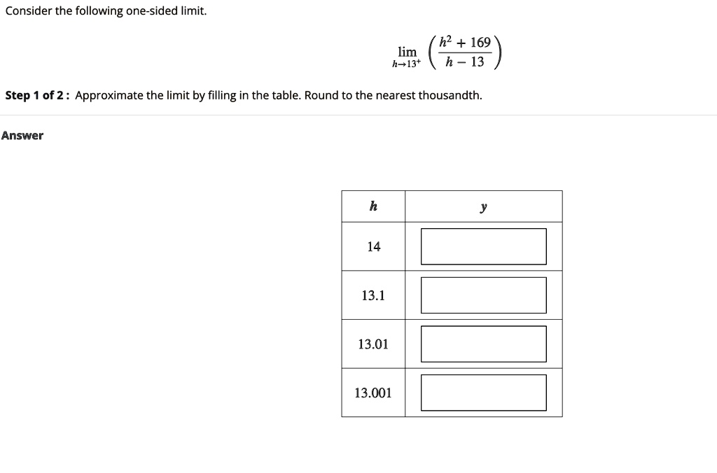 Consider the following one-sided limit.

limh → 13^+((h^2 + 169)/(h - 13))

Step 1 of 2: Approximate the limit by filling in the table. Round to the nearest thousandth.

Answer

h     y 
    
    14    
    
    13.1    
    
    13.01    
    
    13.001