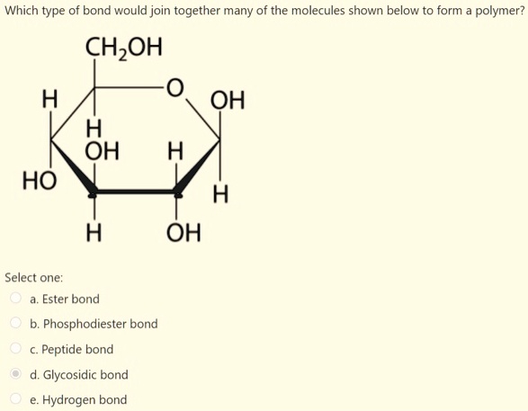 Which type of bond would join together many of the molecules shown below to form a polymer?
CH2OH
O
H
OH
H
OH
H
HO
H
H
OH
Select one:
a. Ester bond
b. Phosphodiester bond
c. Peptide bond
d. Glycosidic bond
e. Hydrogen bond