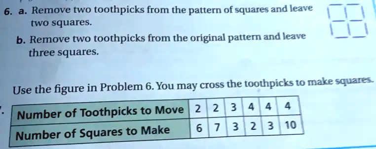 SOLVED: a. Remove two toothpicks from the pattern of squares and leave ...