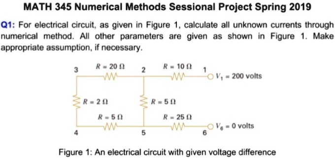 MATH 345 Numerical Methods Sessional Project Spring 2019
Q1: For electrical circuit, as given in Figure 1, calculate all unknown currents through
numerical method. All other parameters are given as shown in Figure 1. Make
appropriate assumption, if necessary.
R = 20 Ω
R = 10 Ω
3
2
1
V1 = 200  volts 
R = 2 Ω
R = 5 Ω
R = 5 Ω
R = 25 Ω
4
5
6
V6 = 0  volts 
Figure 1: An electrical circuit with given voltage difference