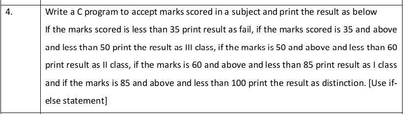 SOLVED: Write a C program to accept marks scored in a subject and print ...