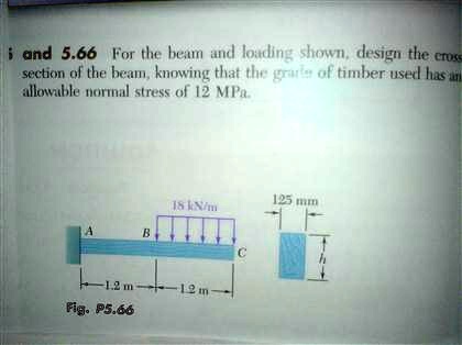 5.66 For the beam and loading shown, design the cross
section of the beam, knowing that the grade of timber used has an
allowable normal stress of 12 MPa.
