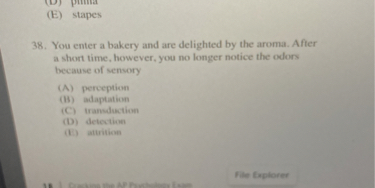 38. You enter a bakery and are delighted by the aroma. After a short time, however, you no longer notice the odors because of sensory
(A) perception
(B) adaptation
(C) transduction
(D) detection
(E) attrition