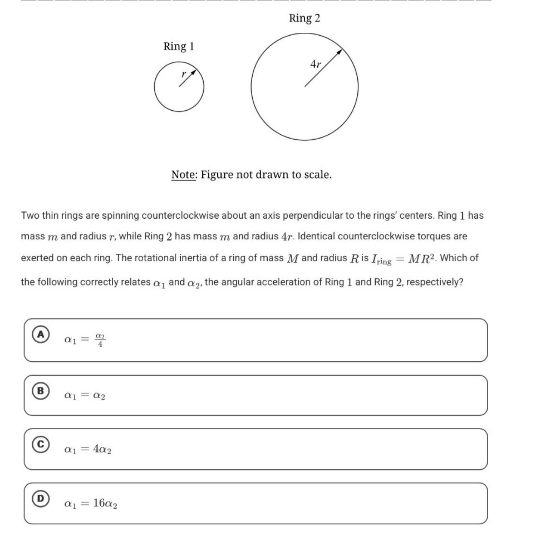 Ring 2 Note: Figure not drawn to scale. Two thin rings are spinning ...