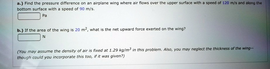 SOLVED: a.) Find the pressure difference on an airplane wing where air ...