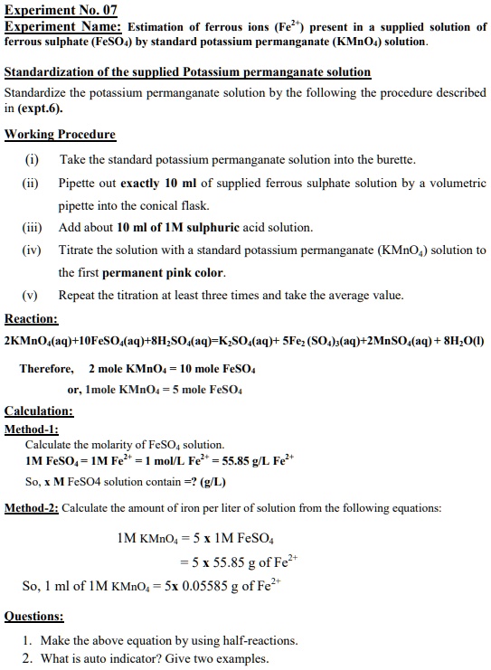 SOLVED Experiment Na UZ Experiment Nume Estimation of ferrous ions (Fe