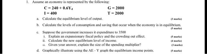 SOLVED: Assume an economy is represented by the following: C=240+0.6Ya ...