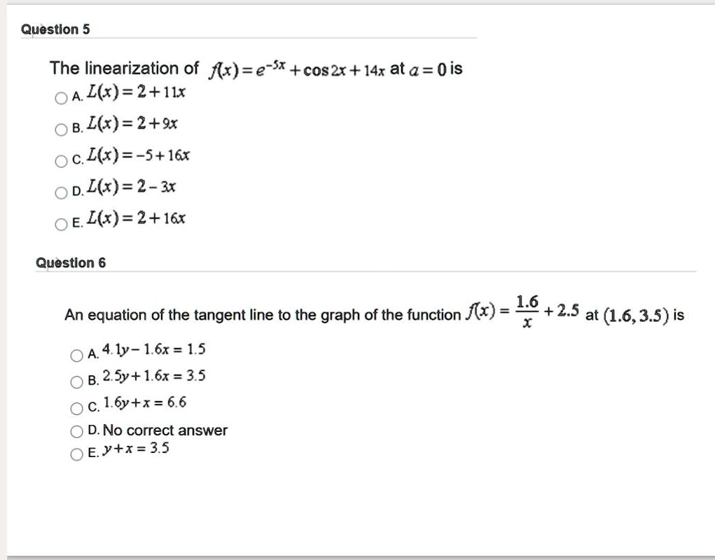 Solved Question 5 The Linearization Of Fx E Sx Cos2x 14x Ata 0 Is Oa L R 2 11x B L X 2 9x C L S 16 D Lgx 2 Elg 2 16r Solved Question 5 The Linearization Of Fx E Sx Cos2x 14x Ata 0 Is Oa L R 2 11x B L X 2 9x C L S 16 D Lgx 2 Elg 2 16r