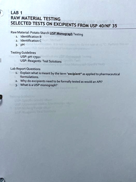 SOLVED LAB RAW MATERIAL TESTING SELECTED TESTS ON EXCIPIENTS FROM USP 4O/NF 35 Raw Material
