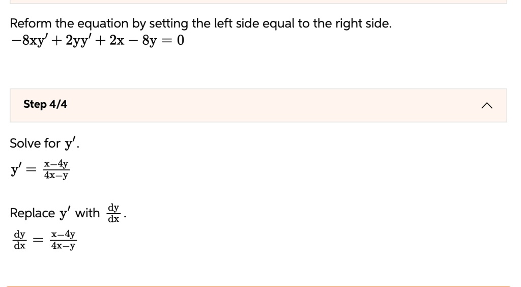 Please show algebra steps using implicit differentiation reform the