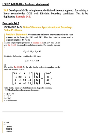 using matlab problem statement 247 develop an m file to implement the finite difference approach for solving a linear second order ode with dirichlet boundary conditions test it by duplicati 79971