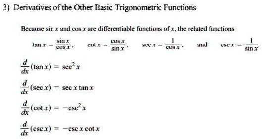 SOLVED:Derivatives of the Other Basic Trigonometric Functions Because ...