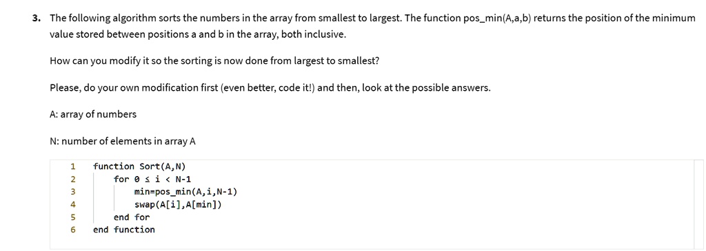 SOLVED: 3. The following algorithm sorts the numbers in the array from ...