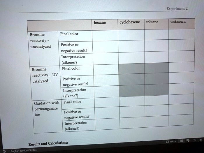 SOLVED Experiment Hexane Cyclohexene Toluene Unknown Bromine