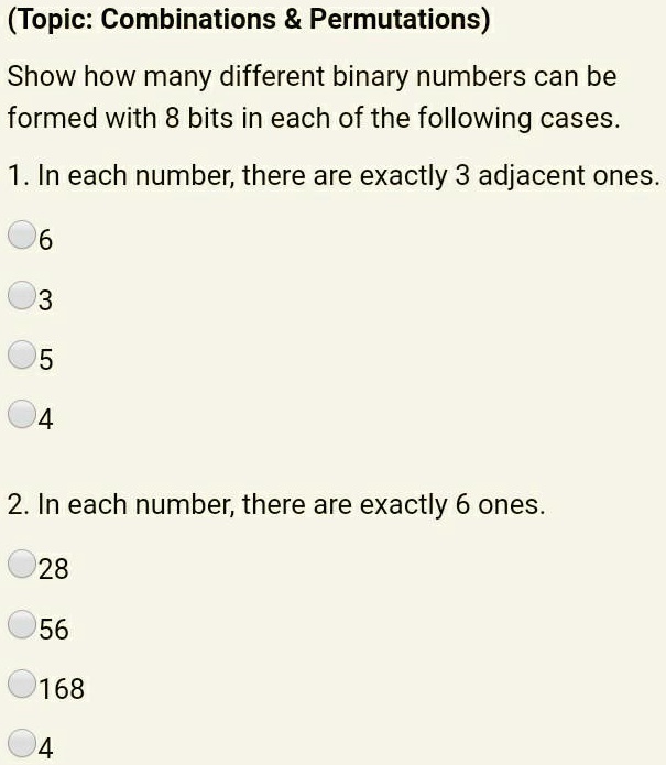 SOLVED: (Topic: Combinations Permutations) Show how many different ...