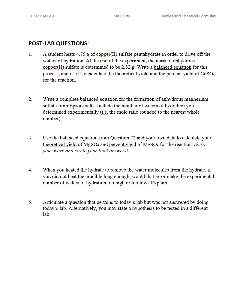 SOLVED CHEM104 LAB WEEK 6 Moles and Chemical Formulas POSTLAB