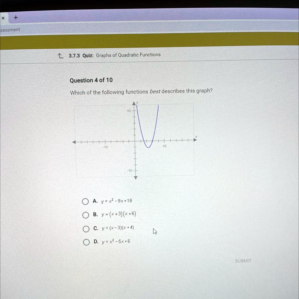 Solved Which Of The Following Functions Best Describes This Graph Sessment 3 7 3 Quiz Graphs Of Quadratic Functions Question 4 Of 10 Which Of The Following Functions Best Describes This Graph 0 A