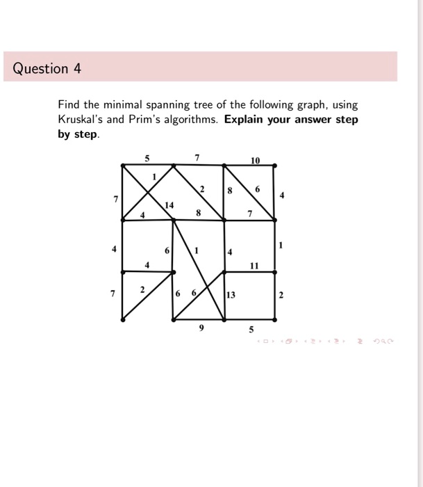 Question 4 Find the minimal spanning tree of the following graph, using ...