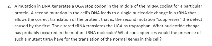 A mutation in DNA generates a UGA stop codon in the middle of the mRNA coding for a particular protein. A second mutation in the cell's DNA leads to a single nucleotide change in a tRNA that allows the correct translation of the protein; that is, the second mutation "suppresses" the defect caused by the first. The altered tRNA translates the UGA as tryptophan. What nucleotide change has probably occurred in the mutant tRNA molecule? What consequences would the presence of such a mutant tRNA have for the translation of the normal genes in this cell?