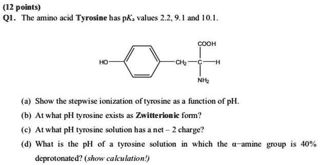 Q1. The amino acid Tyrosine has pKa values 2.2, 9.1 and 10.1.

(a) Show the stepwise ionization of tyrosine as a function of pH.
(b) At what pH tyrosine exists as Zwitterionic form?
(c) At what pH tyrosine solution has a net – 2 charge?
(d) What is the pH of a tyrosine solution in which the ??–amine group is 40% deprotonated? (show calculation!)