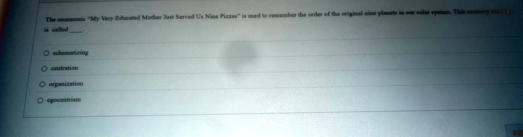 The mnemonic "My Very Educated Mother Just Served Us Nine Pizzas" is