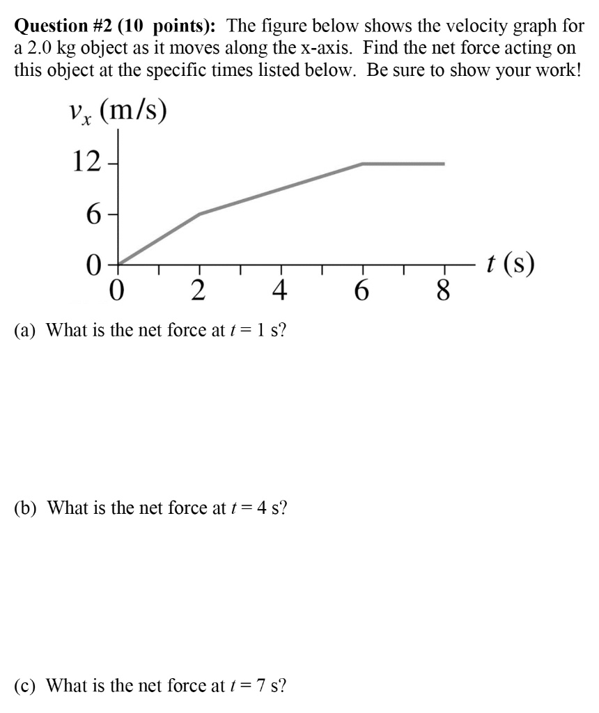 Question #2 (10 points): The figure below shows the velocity graph for a 2.0 kg object as it moves along the x-axis. Find the net force acting on this object at the specific times listed below. Be sure to show your work!
vx (m/s)
12
6
0
0 2 4 6 8 t (s)
(a) What is the net force at t = 1 s?
(b) What is the net force at t = 4 s?
(c) What is the net force at t = 7 s?