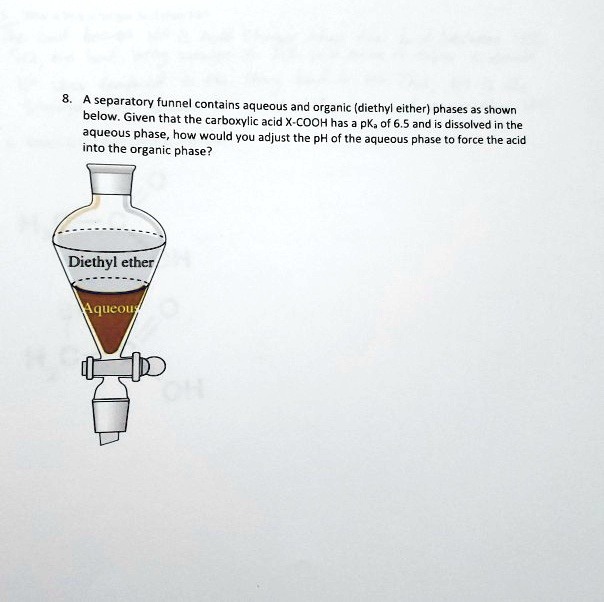A separatory funnel contains aqueous and organic (diethyl ether) phases