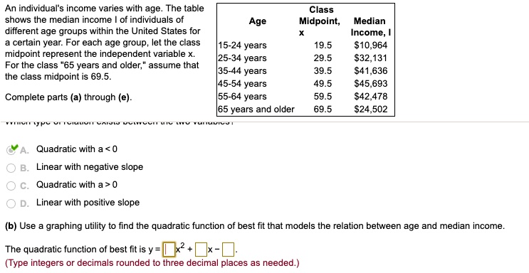 An individual's income varies with age. The table shows the median income I of individuals of different age groups within the United States for a certain year. For each age group, let the class midpoint represent the independent variable x. For the class "65 years and older," assume that the class midpoint is 69.5.
Complete parts (a) through (e).
Age Class Midpoint, x Median Income, I
15-24 years 19.5 10,964
25-34 years 29.532,131
35-44 years 39.5 41,636
45-54 years 49.545,693
55-64 years 59.5 42,478
65 years and older 69.524,502
Which type of relation exists between the two variables?
A. Quadratic with a < 0
B. Linear with negative slope
C. Quadratic with a > 0
D. Linear with positive slope
(b) Use a graphing utility to find the quadratic function of best fit that models the relation between age and median income.
The quadratic function of best fit is y = x^2 + x - .
(Type integers or decimals rounded to three decimal places as needed.)