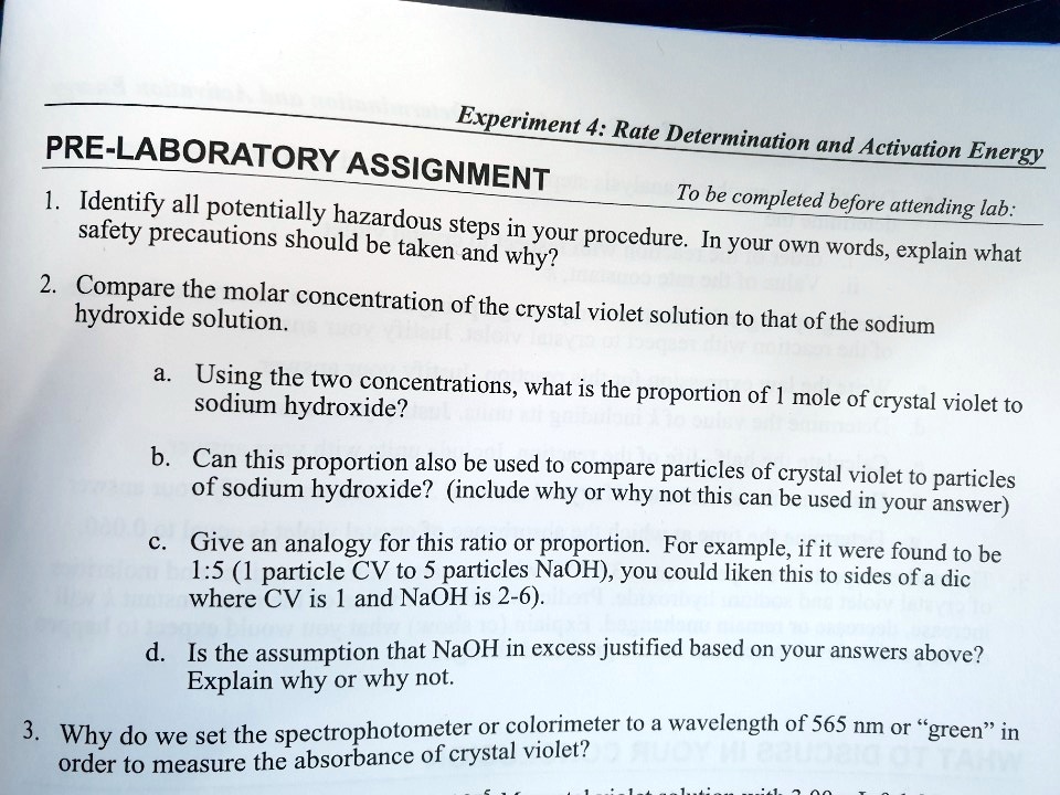 Precaution Step Experiment Example SOLVED: Experiment 4: Rate Determination and Activation PRE-LABORATORY ...