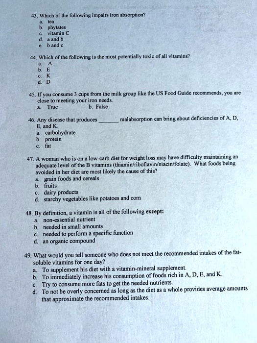 SOLVED 43. Which of the following impairs iron absorption? a. tea b