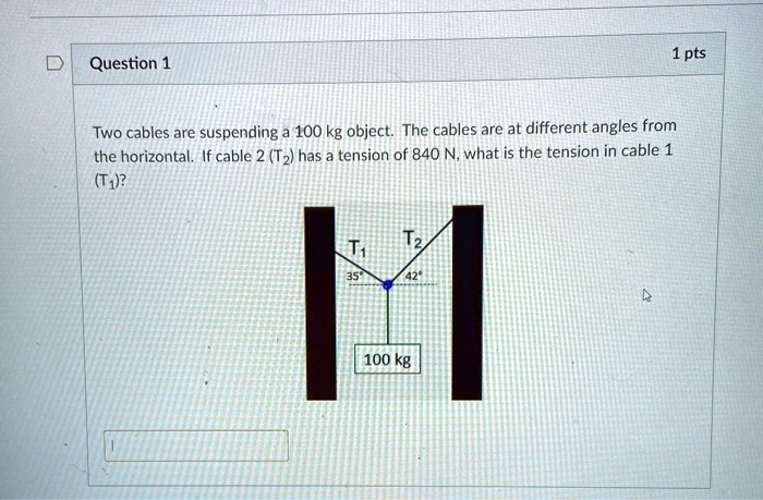 question1 1pts two cables are suspending a 100 kg objectthe cables are at different angles from the horizontal if cable 2t has a tension of 840 nwhat is the tension in cable 1 t 100kg 67882