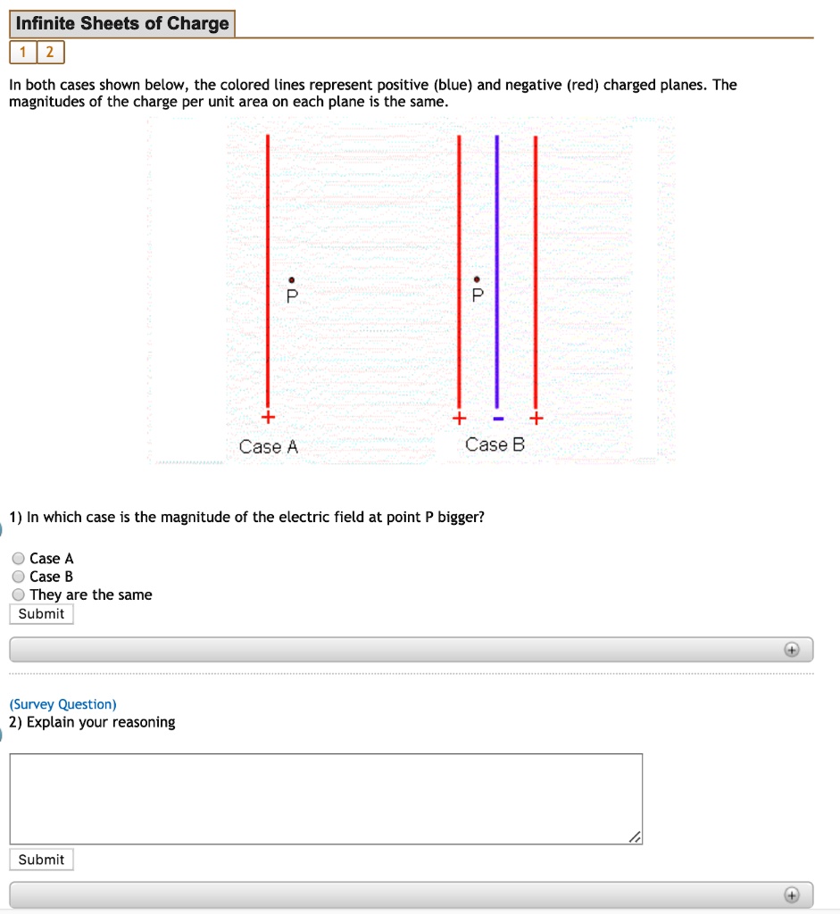 infinite sheets of charge both cases shown below the colored lines ...