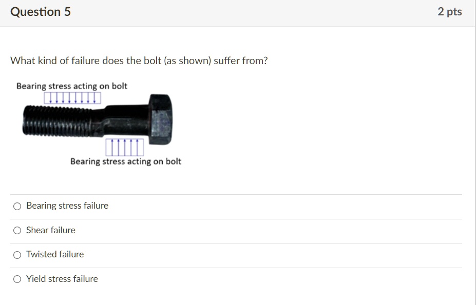 SOLVED: 'Question 5 2 pts What kind of failure does the bolt (as shown ...