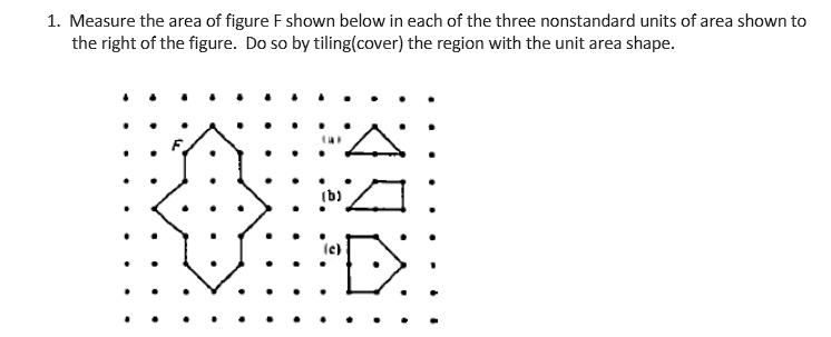1. Measure the area of figure F shown below in each of the three nonstandard units of area shown to the right of the figure. Do so by tiling(cover) the region with the unit area shape.